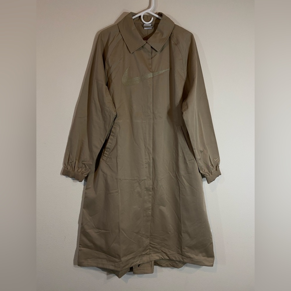 Nike Embroidered Swoosh Trech Coat Sportswear Khaki Tan Long Jacket - Medium